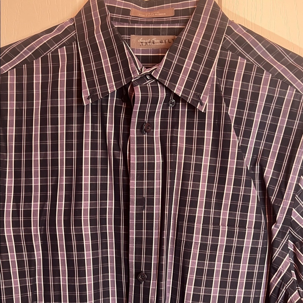 Daniel Cremieux Black and Purple Striped Plaid Dress Shirt
